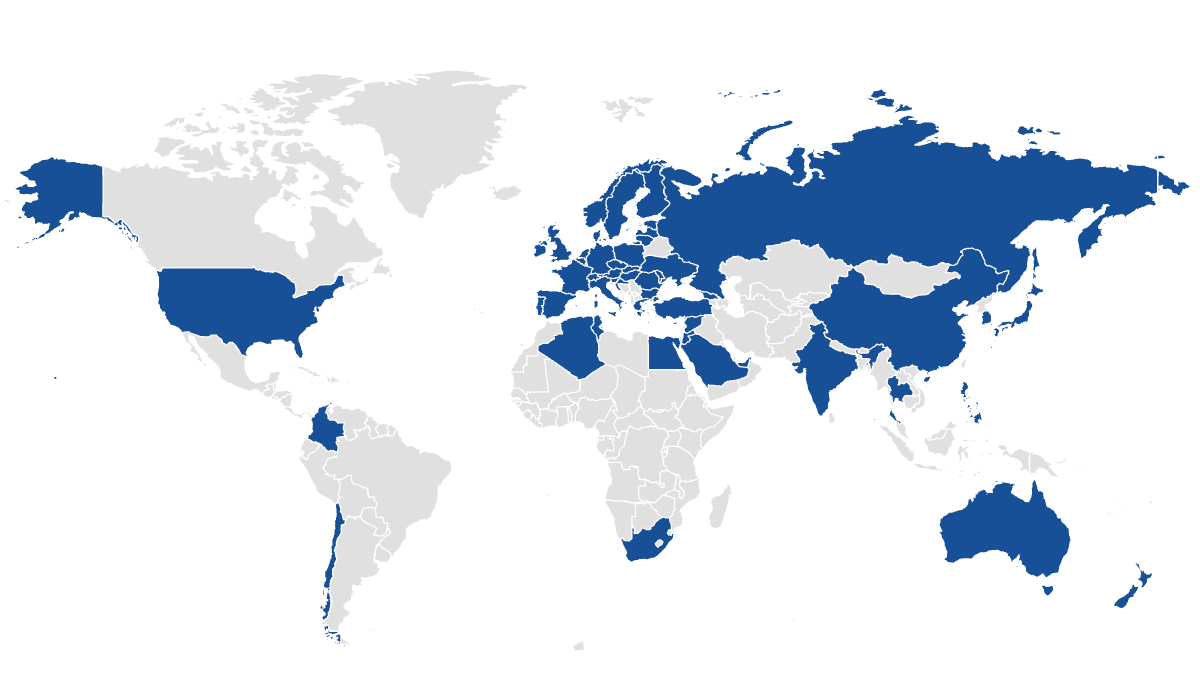 Die blauen Länder auf der Weltkarte zeigen die bisherigen Vertriebsorte.