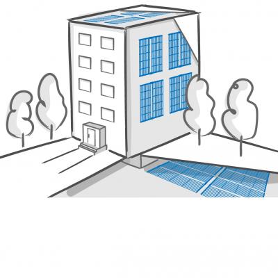 Illustration Energiegewinnung Gebäude mit Clina Kapillarrohrmatten außen