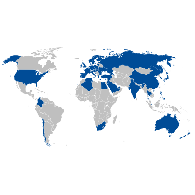 Weltkarte mit Kennzeichnung der Vertriebsländer von Clina